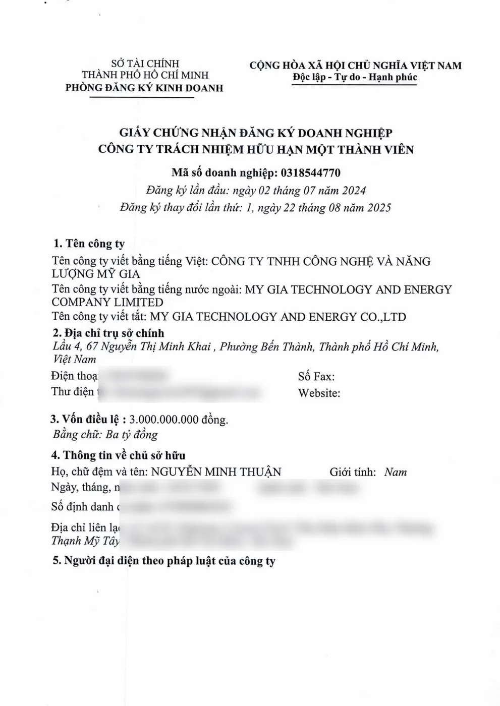 Giấy chứng nhận đăng ký doanh nghiệp — trang 1
