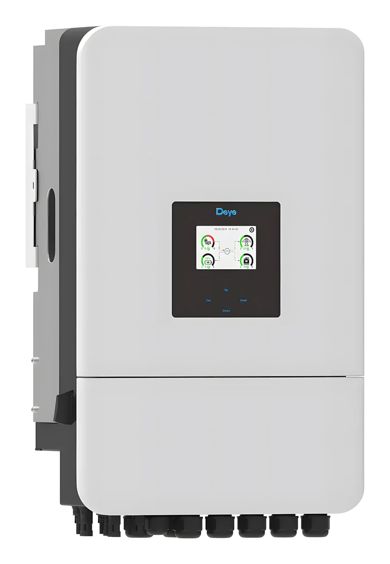 Biến tần hybrid Deye vỏ trắng xám có màn hình nhỏ hiển thị sơ đồ năng lượng, bốn nút bấm và cổng đấu dây phía dưới
