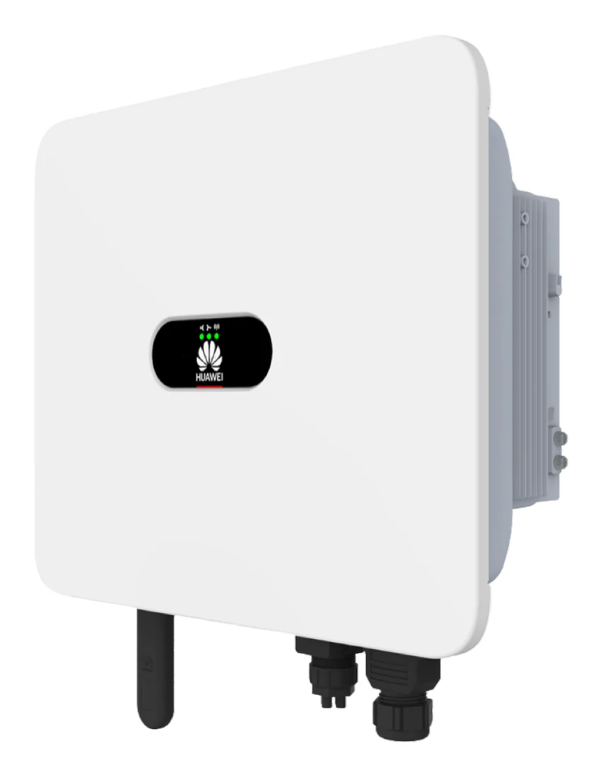 Biến tần vỏ trắng có logo HUAWEI, ăng-ten WLAN ở phía dưới, thân dạng hộp vuông gắn tường