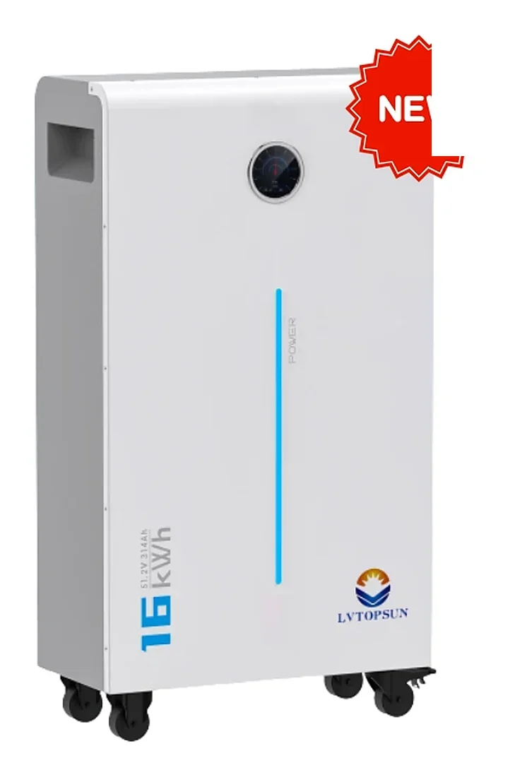 Pin lưu trữ LVTOPSUN dạng tủ đứng vỏ trắng có bánh xe, nhãn 16kWh, logo LVTOPSUN và huy hiệu NEW