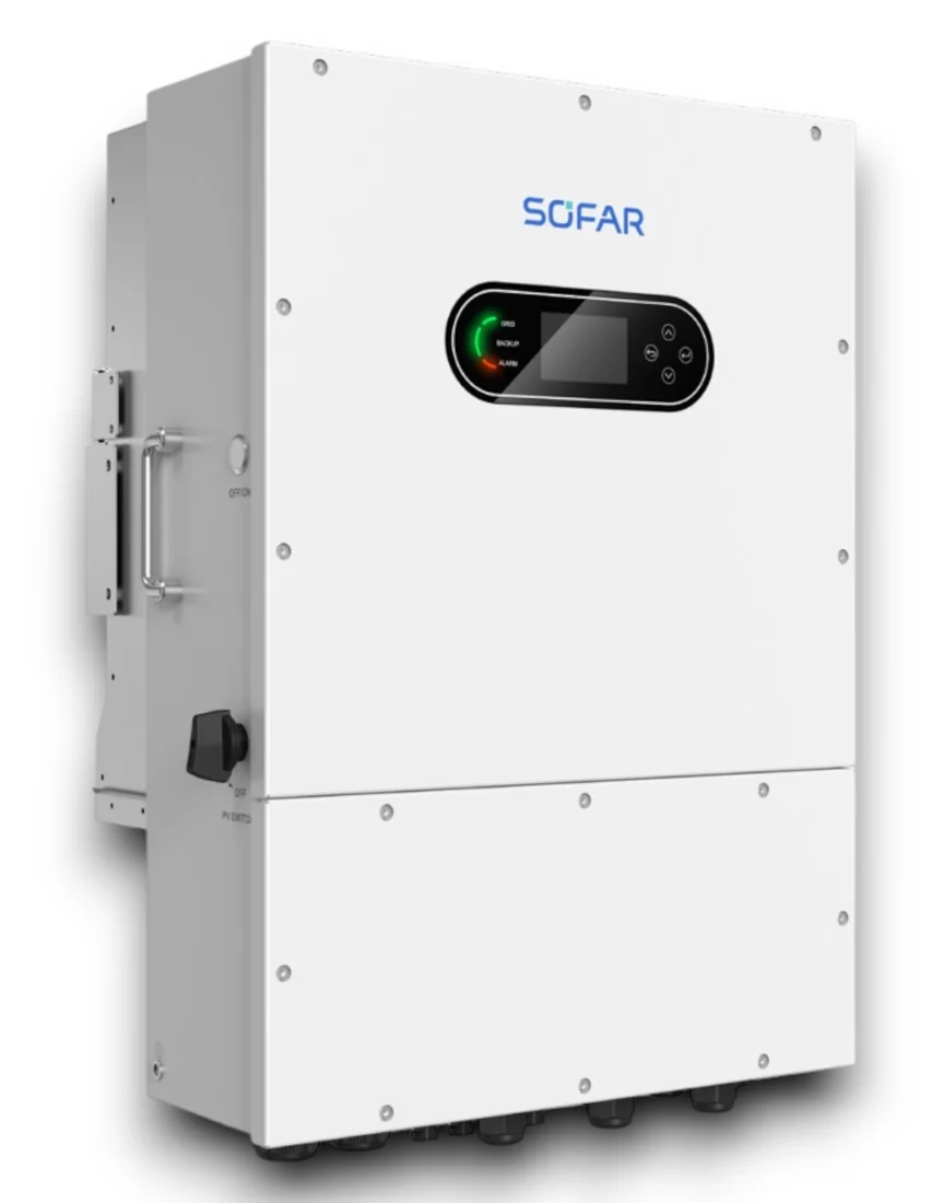 Biến tần hybrid SOFAR vỏ trắng có logo SOFAR, màn hình màu ở mặt trước và quai xách hai bên thân