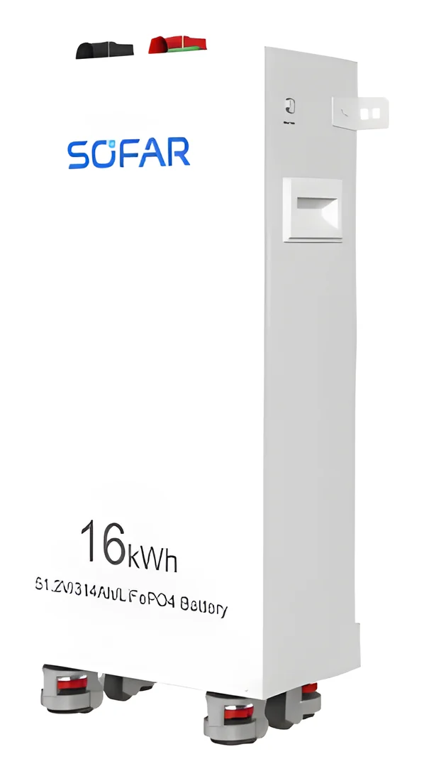 Pin lưu trữ SOFAR 16kWh dạng tủ đứng vỏ trắng có logo SOFAR, chữ 16kWh ở phía dưới và bốn bánh xe