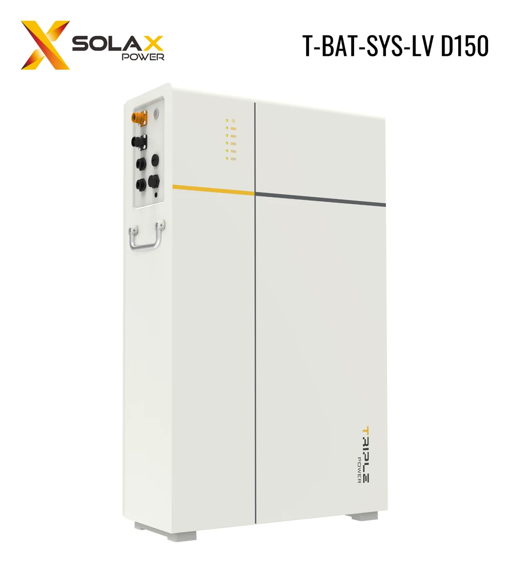 Tủ pin lưu trữ màu be và trắng có dải vàng, in logo SolaX ở mặt trước