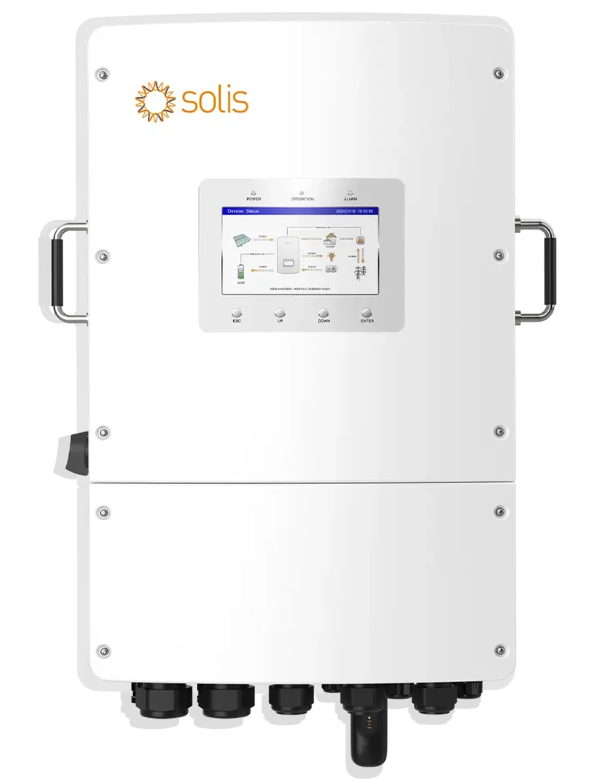 Biến tần hybrid Solis vỏ trắng có logo Solis, màn hình cảm ứng lớn ở mặt trước và quai xách hai bên