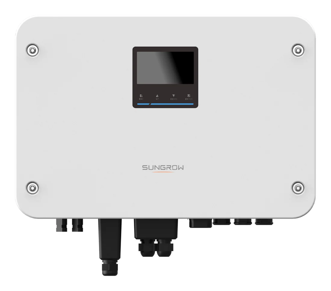 Biến tần hybrid Sungrow vỏ trắng bo góc, giữa mặt trước có màn hình nhỏ và bốn phím bấm, đầu nối đặt phía dưới thân treo tường