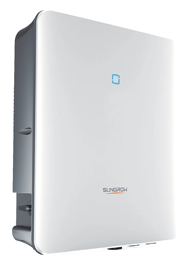 Biến tần hybrid Sungrow vỏ trắng bo cong, phía trên có logo SUNGROW và biểu tượng xanh, thân gắn tường