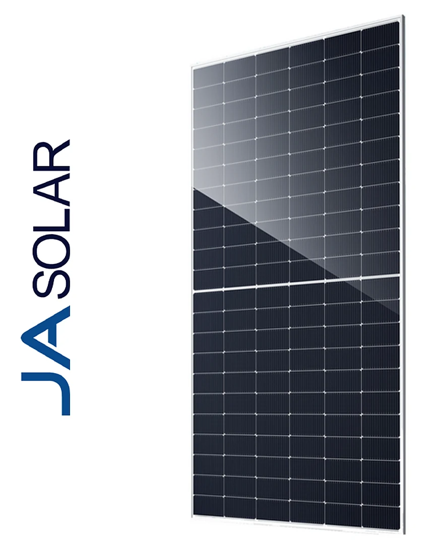 Tấm pin mặt trời JA Solar nửa tế bào khung bạc, mặt kính tối màu, nhãn JA SOLAR dọc bên trái